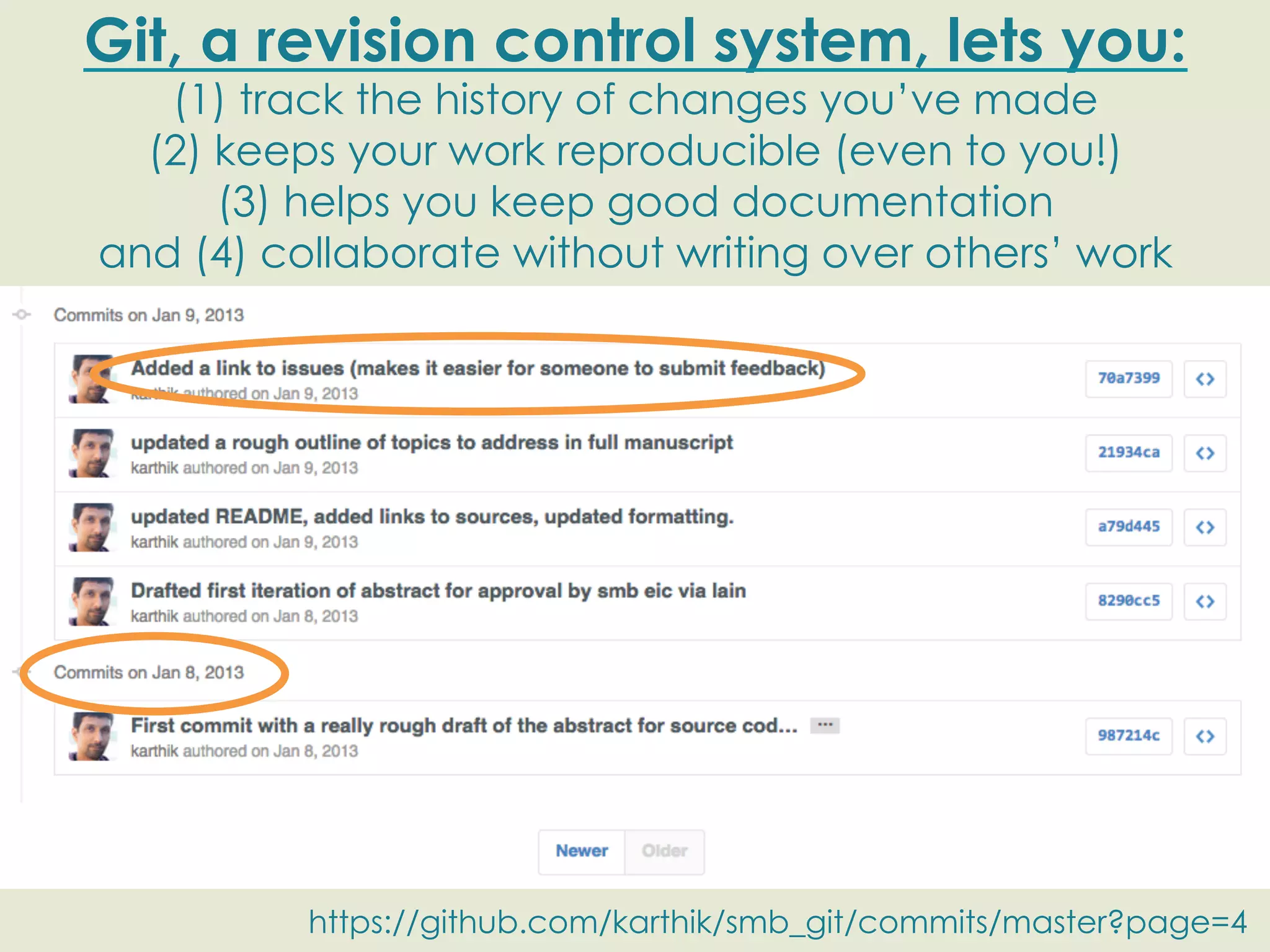 Git, a revision control system, lets you: (1) track the history of changes you’ve made (2) keeps your work reproducible (even to you!) (3) helps you keep good documentation and (4) collaborate without writing over others’ work https://github.com/karthik/smb_git/commits/master?page=4 