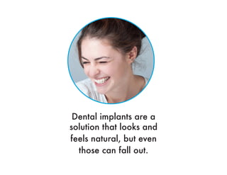 Dental implants are a
solution that looks and
feels natural, but even
those can fall out.
 