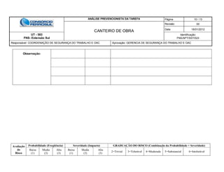 ANÁLISE PREVENCIONISTA DA TAREFA Página 10 / 13
CANTEIRO DE OBRA
Revisão 00
Data 16/01/2012
UT - 583
FNS- Extensão Sul
Identificação:
FNS/APT/SST/023
Responsável: COORDENAÇÃO DE SEGURANÇA DO TRABALHO E OAC Aprovação: GERENCIA DE SEGURANÇA DO TRABALHO E OAC
Avaliação
do
Risco
Probabilidade (Freqüência) Severidade (Impacto) GRADUAÇÃO DO RISCO (Combinação da Probabilidade + Severidade)
Baixa
(1)
Media
(2)
Alta
(3)
Baixa
(1)
Media
(2)
Alta
(3)
2=Trivial 3=Tolerável 4=Moderado 5=Substancial 6=Intolerável
Observação:
 