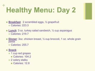 + 
Healthy Menu: Day 2 
 Breakfast: 2 scrambled eggs, ½ grapefruit 
 Calories: 223.3 
 Lunch: 3 oz. turkey salad sandwich, ½ cup asparagus 
 Calories: 219.7 
 Dinner: 3oz. chicken breast, ½ cup broccoli, 1 oz. whole grain 
pasta 
 Calories: 255.7 
 Snack: 
 1 cup red grapes 
 Calories: 104.2 
 2 celery stalks 
 Calories: 12.8 
 
