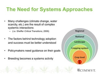 Regional
National
Landscape
Cropping system
Crop level
The Need for Systems Approaches
• Many challenges (climate change, water
scarcity, etc.) are the result of complex
systemic interactions
– (i.e. Sheffer Critical Transitions, 2009)
• The factors behind technology adoption
and success must be better understood
• Policymakers need guidance on their goals
• Breeding becomes a systems activity
 
