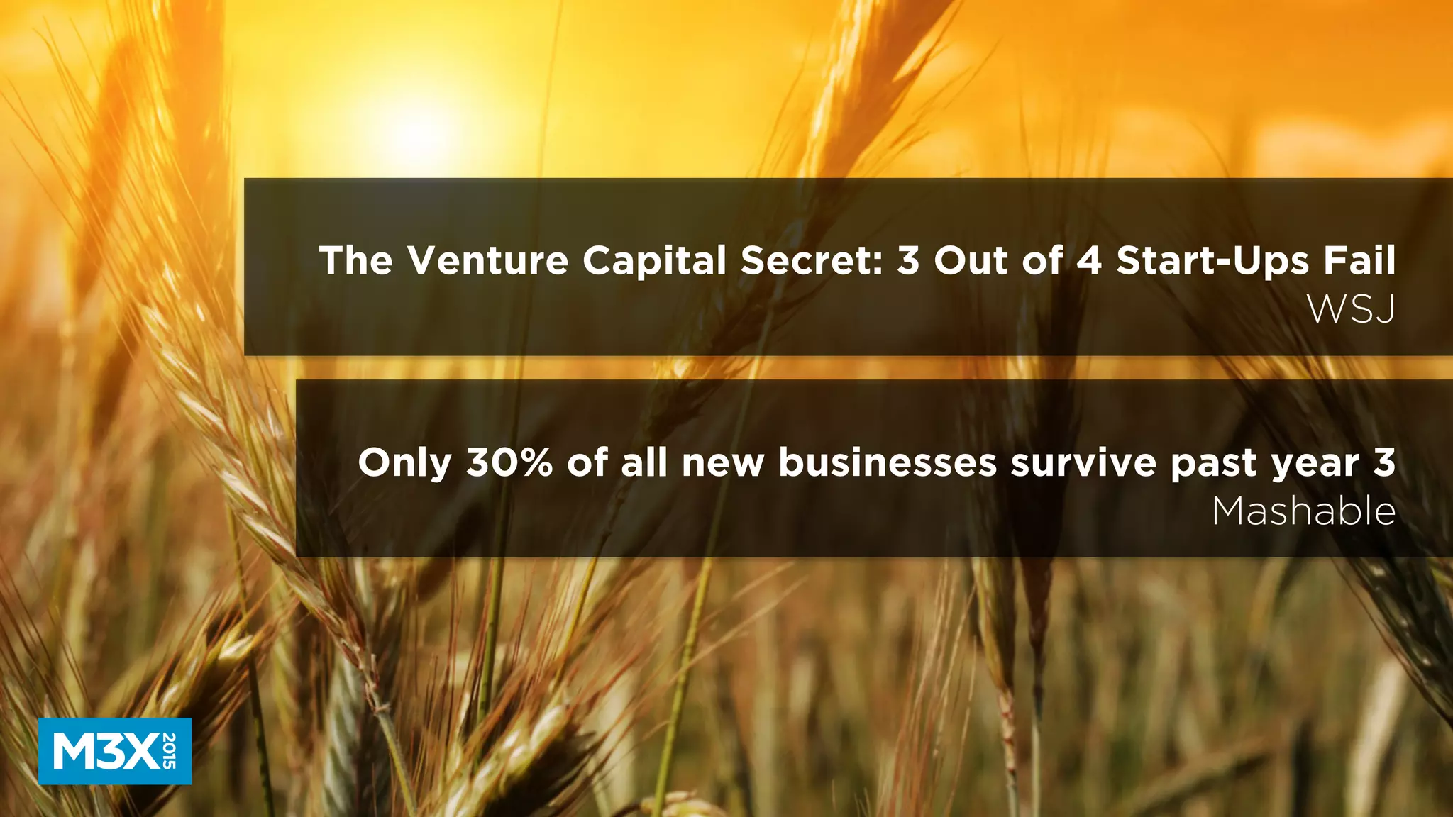 The Venture Capital Secret: 3 Out of 4 Start-Ups Fail
WSJ
Only 30% of all new businesses survive past year 3
Mashable
 