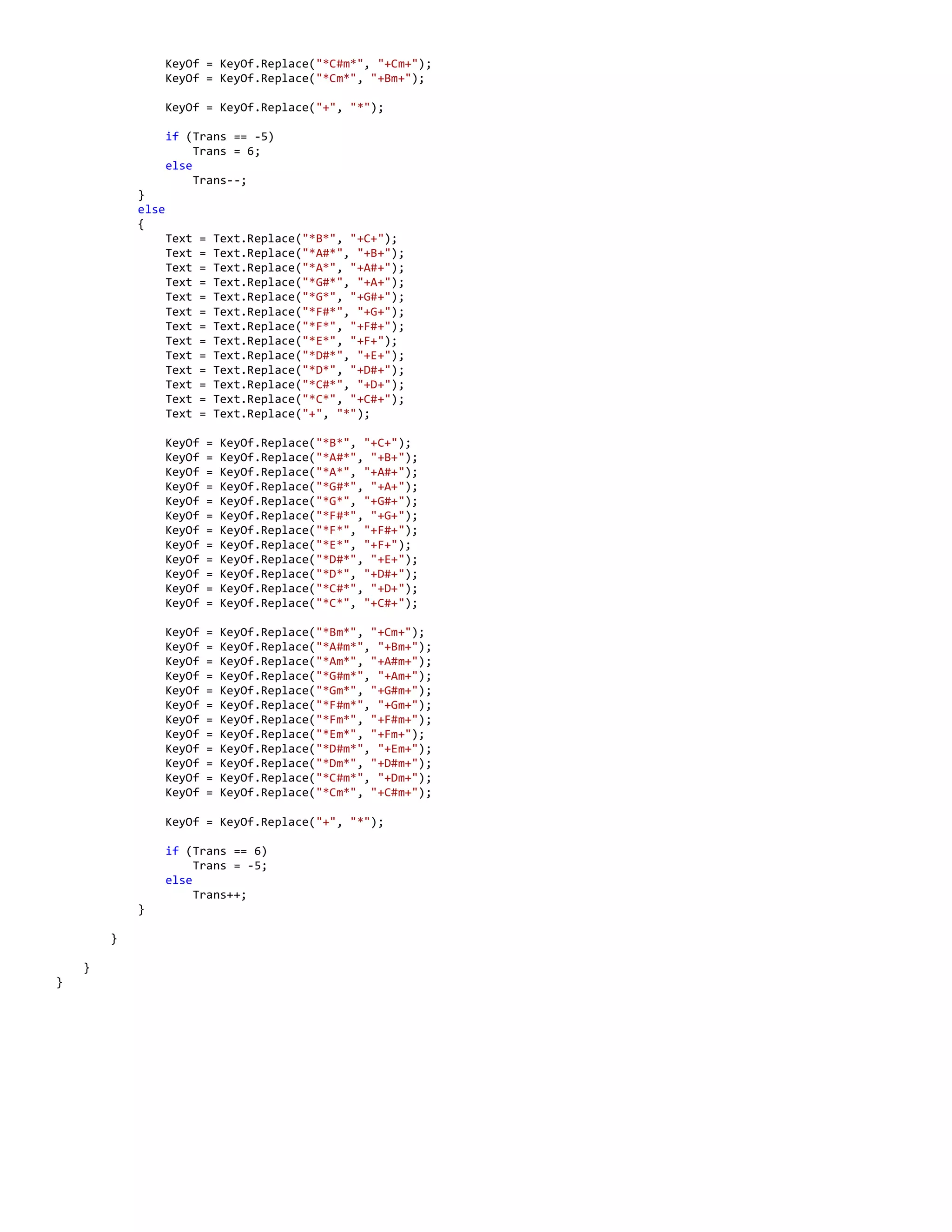 KeyOf = KeyOf.Replace("*C#m*", "+Cm+");
KeyOf = KeyOf.Replace("*Cm*", "+Bm+");
KeyOf = KeyOf.Replace("+", "*");
if (Trans == -5)
Trans = 6;
else
Trans--;
}
else
{
Text = Text.Replace("*B*", "+C+");
Text = Text.Replace("*A#*", "+B+");
Text = Text.Replace("*A*", "+A#+");
Text = Text.Replace("*G#*", "+A+");
Text = Text.Replace("*G*", "+G#+");
Text = Text.Replace("*F#*", "+G+");
Text = Text.Replace("*F*", "+F#+");
Text = Text.Replace("*E*", "+F+");
Text = Text.Replace("*D#*", "+E+");
Text = Text.Replace("*D*", "+D#+");
Text = Text.Replace("*C#*", "+D+");
Text = Text.Replace("*C*", "+C#+");
Text = Text.Replace("+", "*");
KeyOf = KeyOf.Replace("*B*", "+C+");
KeyOf = KeyOf.Replace("*A#*", "+B+");
KeyOf = KeyOf.Replace("*A*", "+A#+");
KeyOf = KeyOf.Replace("*G#*", "+A+");
KeyOf = KeyOf.Replace("*G*", "+G#+");
KeyOf = KeyOf.Replace("*F#*", "+G+");
KeyOf = KeyOf.Replace("*F*", "+F#+");
KeyOf = KeyOf.Replace("*E*", "+F+");
KeyOf = KeyOf.Replace("*D#*", "+E+");
KeyOf = KeyOf.Replace("*D*", "+D#+");
KeyOf = KeyOf.Replace("*C#*", "+D+");
KeyOf = KeyOf.Replace("*C*", "+C#+");
KeyOf = KeyOf.Replace("*Bm*", "+Cm+");
KeyOf = KeyOf.Replace("*A#m*", "+Bm+");
KeyOf = KeyOf.Replace("*Am*", "+A#m+");
KeyOf = KeyOf.Replace("*G#m*", "+Am+");
KeyOf = KeyOf.Replace("*Gm*", "+G#m+");
KeyOf = KeyOf.Replace("*F#m*", "+Gm+");
KeyOf = KeyOf.Replace("*Fm*", "+F#m+");
KeyOf = KeyOf.Replace("*Em*", "+Fm+");
KeyOf = KeyOf.Replace("*D#m*", "+Em+");
KeyOf = KeyOf.Replace("*Dm*", "+D#m+");
KeyOf = KeyOf.Replace("*C#m*", "+Dm+");
KeyOf = KeyOf.Replace("*Cm*", "+C#m+");
KeyOf = KeyOf.Replace("+", "*");
if (Trans == 6)
Trans = -5;
else
Trans++;
}
}
}
}
 