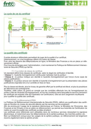 Le cycle de vie du certiﬁcat




La qualité des certiﬁcats

Il existe plusieurs référentiels permettant de juger de la qualité d’un certiﬁcat.
Historiquement, on s’est longtemps référé à la notion de classe.
Puis, pour les besoins des téléprocédures en ligne, le Ministère des Finances a mis en place un réfé-
rencement ofﬁciel.
Pour tous les échanges avec l’administration, c’est maintenant la Politique de Référencement Intersec-
toriel de Sécurité (PRIS) qui fait foi.

           7.1.1 La notion de classe de certiﬁcat
Un standard déﬁnit trois classes de certiﬁcats, selon le degré de vériﬁcation d’identité.
• Classe 1 : l’autorité d’enregistrement vériﬁe juste l’adresse mail du porteur ;
• Classe 2 : le porteur indique son identité à l’autorité d’enregistrement par l’envoi d’une copie de
pièces justiﬁcatives ;
• Classe 3 : le porteur prouve son identité à l’autorité d’enregistrement par la présentation des pièces
justiﬁcatives originales lors d’un contrôle en face en face.

Plus la classe est élevée, plus le niveau de garantie offert par le certiﬁcat est élevé, et plus la procédure
de délivrance est contraignante.
Toutefois, cette notion ne prend en compte que les contrôles effectués lors de l’enregistrement du
porteur (rôle de l’Autorité d’Enregistrement), et non les conditions dans lesquelles le service d’émission
de certiﬁcats est exploité (rôle de l’Opérateur de Certiﬁcation). Elle est donc largement insufﬁsante
pour qualiﬁer la qualité des certiﬁcats.

          7.1.2 Le référencement PRIS
La Politique de Référencement Intersectorielle de Sécurité (PRIS), déﬁnit une qualiﬁcation des certiﬁ-
cats en fonction du niveau de sécurité attendu par les services qui les emploient.
Aﬁn de promouvoir l’usage de la signature électronique en France, le Ministère de l’Economie, des
Finances et de l’Emploi a mis en place ce référencement, qui permet aux Autorités de Certiﬁcation de
mettre en avant la qualité des certiﬁcats qu’elles émettent.
Les certiﬁcats ainsi référencés sont utilisables dans de nombreux services nécessitant la signature
électronique, et notamment pour les téléprocédures de la sphère publique, les marchés publics, etc.
Bien qu’initialement conçue pour les usages de la sphère publique, ce référencement est largement
reconnu également dans la sphère privée.


Page 26 / 34 - Fédération Nationale des Tiers de Conﬁance (F.N.T.C) - www.fntc.org
 