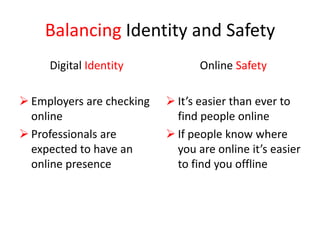 Balancing Identity and Safety
Digital Identity
 Employers are checking
online
 Professionals are
expected to have an
online presence
Online Safety
 It’s easier than ever to
find people online
 If people know where
you are online it’s easier
to find you offline
 