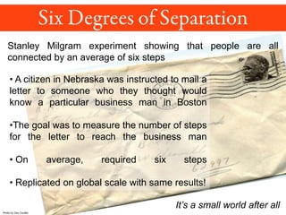 Photo by Dan Coulter
• A citizen in Nebraska was instructed to mail a
letter to someone who they thought would
know a particular business man in Boston
•The goal was to measure the number of steps
for the letter to reach the business man
• On average, required six steps
• Replicated on global scale with same results!
It’s a small world after all
Stanley Milgram experiment showing that people are all
connected by an average of six steps
 