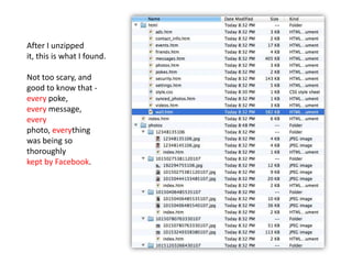 After I unzipped
it, this is what I found.
Not too scary, and
good to know that -
every poke,
every message,
every
photo, everything
was being so
thoroughly
kept by Facebook.
 