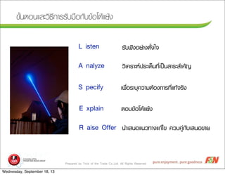 Prepared by Trick of the Trade Co.,Ltd. All Rights Reserved
¢ขÑัé้¹นµตÍอ¹นáแÅลÐะÇวÔิ¸ธÕี¡กÒาÃรÃรÑัºบÁม×ืÍอ¡กÑัºบ¢ขŒŒÍอâโµตŒŒáแÂยŒŒ§ง
ÃรÑัºบ¿ฟ˜˜§งÍอÂย‹‹Òา§งµตÑัé้§งãใ¨จ
ÇวÔิàเ¤คÃรÒาÐะËห»ปÃรÐะàเ´ดç็¹น·ทÕีè่àเ»ปšš¹นÊสÒาÃรÐะÊสÓำ¤คÑั­Þญ
àเ¾พ×ืè่ÍอÃรÐะºบØุ¤คÇวÒาÁมµตŒŒÍอ§ง¡กÒาÃร·ทÕีè่áแ·ทŒŒ¨จÃรÔิ§ง
µตÍอºบ¢ขŒŒÍอâโµตŒŒáแÂยŒŒ§ง
¹นÓำàเÊส¹นÍอáแ¹นÇว·ทÒา§งáแ¡กŒŒäไ¢ข ¤คÇวºบ¤คÙู‹‹¡กÑัºบàเÊส¹นÍอ¢ขÒาÂย
L isten
A nalyze
S pecify
E xplain
R aise Offer
Wednesday, September 18, 13
 