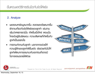 Prepared by Trick of the Trade Co.,Ltd. All Rights Reserved
¢ขÑัé้¹นµตÍอ¹นáแÅลÐะÇวÔิ¸ธÕี¡กÒาÃรÃรÑัºบÁม×ืÍอ¡กÑัºบ¢ขŒŒÍอâโµตŒŒáแÂยŒŒ§ง
2. Analyze
• ¾พÂยÒาÂยÒาÁมËหÒา¢ขŒŒÍอÁมÙูÅลÁมÒา¡ก¢ขÖึé้¹น Åล§งÃรÒาÂยÅลÐะàเÍอÕีÂย´ดÁมÒา¡ก¢ขÖึé้¹น
«ซÑั¡ก¶ถÒาÁมàเ¡กÕีè่ÂยÇว¡กÑัºบ¢ขŒŒÍอâโµตŒŒáแÂยŒŒ§ง¢ขÍอ§งÅลÙู¡ก¤คŒŒÒา àเªช‹‹¹น¶ถÒาÁม
àเ¾พÔิè่ÁมÇว‹‹ÒาàเËหµตØุ¡กÒาÃร³ณ¹นÑัé้¹น àเ¡กÔิ´ด¢ขÖึé้¹นàเÁม×ืè่ÍอäไËหÃร‹‹ µตÍอ¹น¹นÑัé้¹น
ãใ¤คÃรàเ»ป‡‡¹น¼ผÙูŒŒÃรÑัºบ¼ผÔิ´ดªชÍอºบ ¤คÇวÒาÁมàเÊสÕีÂยËหÒาÂย·ทÕีè่àเ¡กÔิ´ด¢ขÖึé้¹น¡กÑัºบ
ÅลÙู¡ก¤คŒŒÒาàเ»ปšš¹นÍอÂย‹‹Òา§งäไÃร
• ¡กÒาÃร¶ถÒาÁม¤คÓำ¶ถÒาÁม¡กÑัºบÅลÙู¡ก¤คŒŒÒา ¹นÍอ¡ก¨จÒา¡ก¨จÐะªช‹‹ÇวÂยãใËหŒŒ
¤คÇวÒาÁมÃรÙูŒŒÊสÖึ¡ก¢ขÍอ§งÅลÙู¡ก¤คŒŒÒา´ดÕี¢ขÖึé้¹นáแÅลŒŒÇว ÂยÑั§งªช‹‹ÇวÂย¡กÑั¹นäไÁม‹‹ãใËหŒŒ
ÅลÙู¡ก¤คŒŒÒาµตÑั´ดºบ·ท¡กÒาÃรÊส¹น·ท¹นÒา¡กÑัºบàเÃรÒา¡ก‹‹Íอ¹น·ทÕีè่àเÃรÒา¨จÐะÁมÕี
âโÍอ¡กÒาÊสàเÊส¹นÍอ¢ขÒาÂยäไ´ดŒŒ´ดŒŒÇวÂย
Wednesday, September 18, 13
 