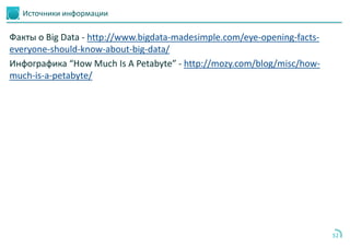 Источники информации
Факты о Big Data - http://www.bigdata-madesimple.com/eye-opening-facts-
everyone-should-know-about-big-data/
Инфографика “How Much Is A Petabyte” - http://mozy.com/blog/misc/how-
much-is-a-petabyte/
51
 