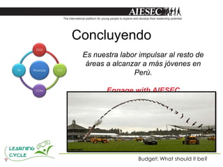 Concluyendo
      OGX

                       Es nuestra labor impulsar al resto de
                        áreas a alcanzar a más jóvenes en
TM   Finanzas   ICX
                                      Perú.

      COM                     Engage with AIESEC




                                        Budget: What should it be?
 