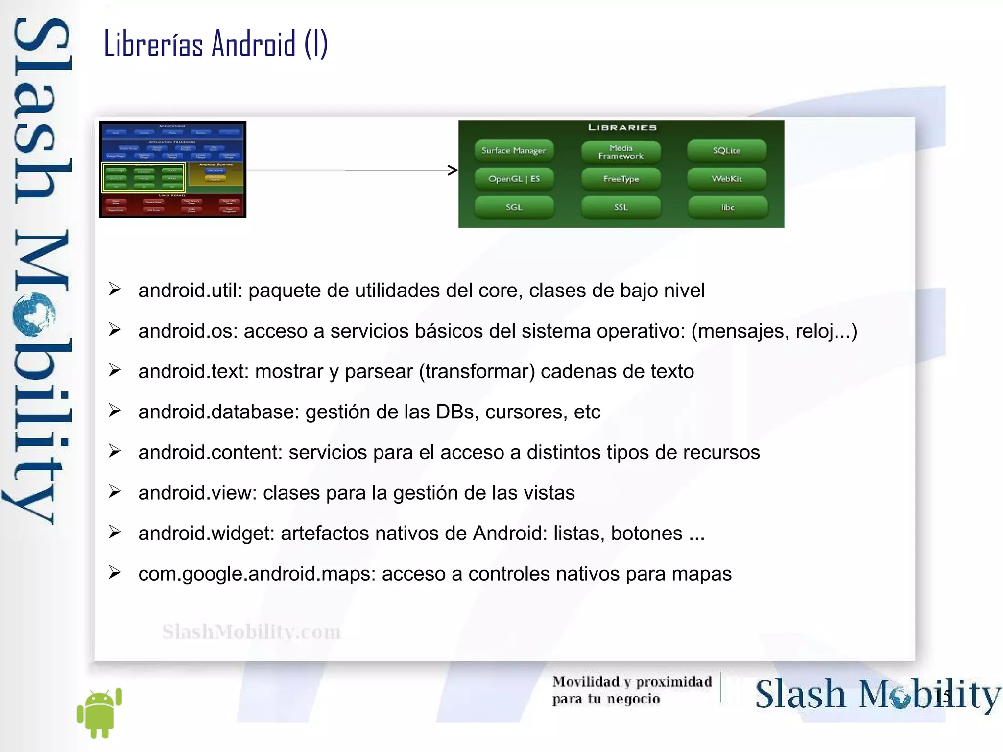 Librerías Android (I) android.util: paquete de utilidades del core, clases de bajo nivel android.os: acceso a servicios básicos del sistema operativo: (mensajes, reloj...) android.text: mostrar y parsear (transformar) cadenas de texto android.database: gestión de las DBs, cursores, etc android.content: servicios para el acceso a distintos tipos de recursos android.view: clases para la gestión de las vistas android.widget: artefactos nativos de Android: listas, botones ... com.google.android.maps: acceso a controles nativos para mapas 