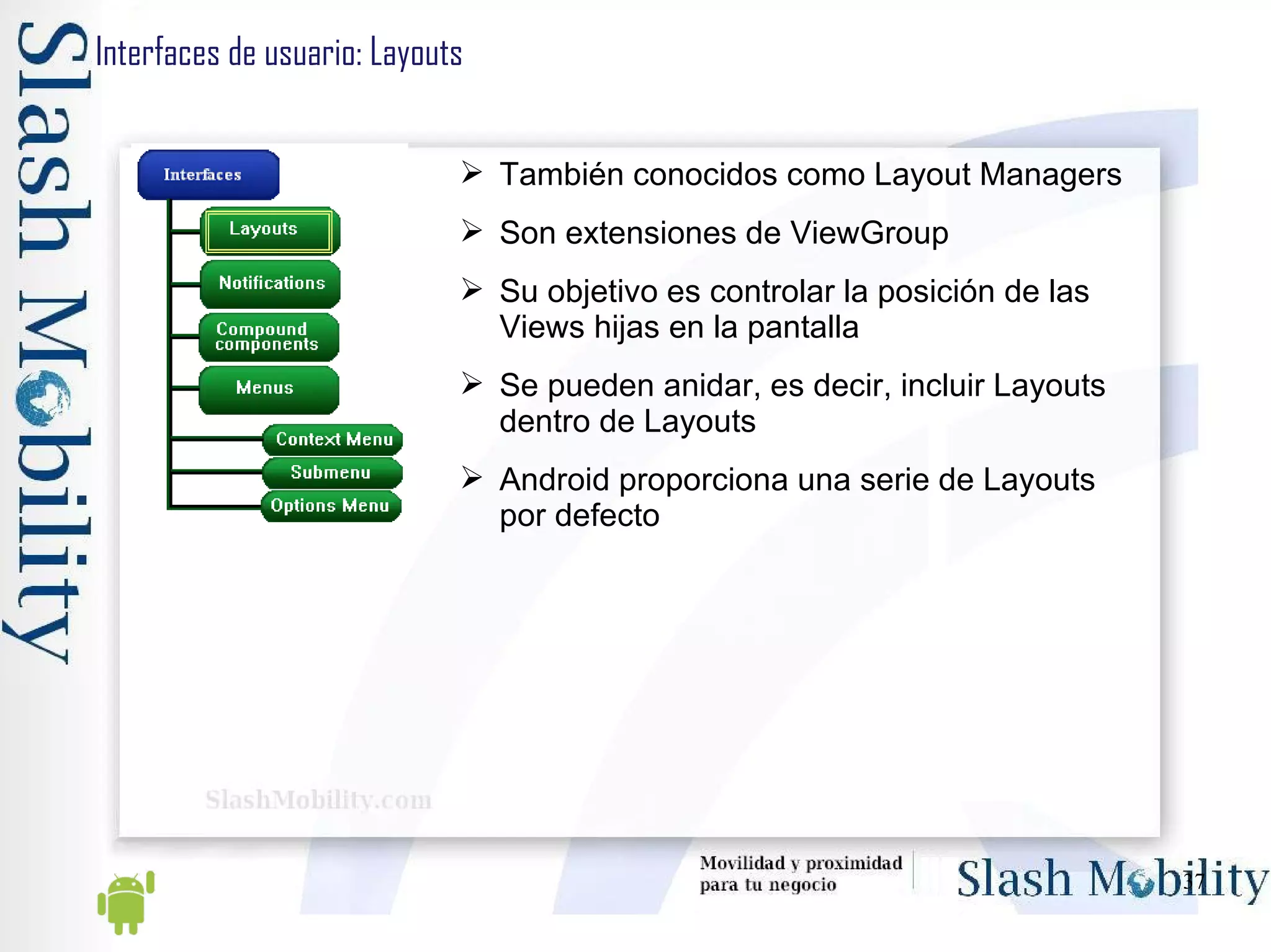 Interfaces de usuario: Layouts También conocidos como Layout Managers Son extensiones de ViewGroup Su objetivo es controlar la posición de las Views hijas en la pantalla Se pueden anidar, es decir, incluir Layouts dentro de Layouts Android proporciona una serie de Layouts por defecto 