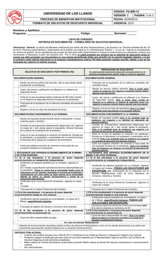 UNIVERSIDAD DE LOS LLANOS
CÓDIGO: FO-BIN-13
VERSIÓN: 8 PAGINA: 3 de 3
PROCESO DE BIENESTAR INSTITUCIONAL FECHA: 02/09/2015
FORMATO DE SOLICITUD DE DESCUENTO INDIVIDUAL VIGENCIA: 2015
Nombres y Apellidos: _________________________________________________________________
Programa: ____________________________________ Código: _______________ Semestre: ______
LISTA DE CHEQUEO
ENTREGA DE DOCUMENTOS – FORMULARIO DE SOLICITUD INDIVIDUAL
Información General: La oficina de Bienestar Institucional por medio del área Socioeconómica y de acuerdo a la Directiva presidencial No. 04
de 2012 “Eficiencia administrativa y lineamientos de la política cero papel en la Administración Pública” y en pro de mejorar el procedimiento
de archivo de gestión de los expedientes del proceso de descuento está implementando la historia socioeconómica por estudiante; cambios que
comenzarán a efectuarse a partir del presente año . Por lo tanto si usted presenta por primera vez la solicitud de descuento tenga en
cuenta que debe presentar sus documentos en una carpeta desacificada doble cara amarilla con su gancho legajador plástico, y si por
el contrario usted solicitó descuento en el semestre inmediatamente anterior NO debe presentar carpeta amarilla, debido a que ya fue
entregada por usted en el anterior proceso.
SOLICITUD DE DESCUENTO POR PRIMERA VEZ
RENOVACIÓN DE DESCUENTO
Si usted presentó solicitud de descuento socioeconómico en el
semestre inmediatamente anterior tenga en cuenta lo siguiente:
DOCUMENTACIÓN GENERAL DOCUMENTACIÓN GENERAL
Recibo de servicio público del domicilio (De la casa donde reside
actualmente el estudiante).
Fotocopia de la liquidación de la matrícula cancelado del
semestre Actual.
Copia del carnet o certificación de afiliación a un Sistema de
Seguridad Social.
Recibo de servicio público domicilio (Solo si existe algún
cambio de residencia con respecto al semestre anterior deberá
adjuntar este documento).
Carta en la que se explique el(los) motivo(s) de NO estar incluido
en el Sistema de Seguridad Social (Firmada por el estudiante).
Copia del carnet o certificación de afiliación a un Sistema
de Seguridad Social. (Solo si existe algún cambio de
situación en la afiliación al sistema de seguridad social con
respecto al semestre anterior deberá adjuntar este documento).
Fotocopia de la liquidación de la matrícula cancelado del semestre
actual.
Registro civil de los hijos del estudiante (Si tiene).
Registro civil de los hijos del estudiante (Solo si no había
presentado estos documentos en el semestre anterior).
DOCUMENTACIÓN CONCERNIENTE A LA VIVIENDA DOCUMENTACIÓN CONCERNIENTE A LA VIVIENDA
Recibo de impuesto predial (Donde reside el estudiante / si tiene
vivienda propia o familiar).
Recibo de impuesto predial (Solo si ha cambiado lugar de
residencia con respecto a la solicitud de descuento del
semestre anterior).
Contrato de arrendamiento debidamente diligenciado con vigencia
no mayor de 1 año donde reside el estudiante. (Anexar fotocopia
de la cédula de ciudadanía del arrendador).
Contrato de arrendamiento debidamente diligenciado con
vigencia no mayor de 1 año donde reside el estudiante.
(Solo si ha cambiado lugar de residencia con respecto a la
solicitud de descuento del semestre anterior).
Carta en la que se explique su situación de residencia, firmada por
el estudiante y el propietario o arrendatario de la vivienda (Anexar
la fotocopia de la cédula de ciudadanía del arrendador)
Carta en la que se explique su situación de residencia,
firmada por el estudiante y el propietario o arrendatario de la
vivienda (Solo si ha cambiado lugar de residencia con respecto
a la solicitud de descuento del semestre anterior).
Carta que explique situación de vivienda si hace parte de una
sucesión firmada por el estudiante.
Carta que explique situación de vivienda si hace parte de
una sucesión firmada por el estudiante. (Solo si ha cambiado
lugar de residencia con respecto a la solicitud de descuento del
semestre anterior).
1. ESTUDIANTE QUE DEPENDA ECONÓMICAMENTE DE SI MISMO
O DE OTRA PERSONA.
1. ESTUDIANTE QUE DEPENDA ECONÓMICAMENTE DE SI
MISMO O DE OTRA PERSONA.
1.1 Si el (la) estudiante o la persona de quien depende
económicamente es trabajador(a) independiente.
1.1 Si el (la) estudiante o la persona de quien depende
económicamente es trabajador(a) independiente.
Certificado de ingresos expedido por un contador, vigencia no
mayor
de 3 meses, especificando actividad económica desempeñada por
el estudiante. (Tenga en cuenta que la universidad realiza cruce de
información con los ingresos reportados al momento de la admisión y
eventualmente con otras bases de datos eternas de la Universidad,
además de aplicar un estudio socioeconómico a través de un
instrumento especializado).
Certificado de ingresos expedido por un contador, vigencia
no mayor de 3 meses. TODAS LAS SOLICITUDES SIN
EXCEPCIÓN. (De conformidad por lo dispuesto por el
Decreto Reglamentario 0302 de 2015, Ministerio de
Comercio, Industria y Turismo).
Certificado de la Junta Central de Contadores, vigencia no mayor
de
3 meses.
Certificado de la Junta Central de Contadores, vigencia no
mayor de 3 meses.
Fotocopia de la Tarjeta Profesional del Contador. Fotocopia de la Tarjeta Profesional del Contador.
1.2 Si el (la) estudiante(a) o la persona de quien depende
económicamente trabaja en una empresa.
1.2 Si el (la) estudiante(a) o la persona de quien depende
económicamente trabaja en una empresa.
Certificación laboral expedida por el empleador, no mayor de 3
Meses, especificando ingresos.
Certificación laboral expedida por el empleador, no mayor
de 3 Meses, especificando ingresos. TODAS LAS
SOLICITUDES SIN EXCEPCIÓN.
Fotocopia de registro de Cámara y Comercio de la empresa
Fotocopia de registro de Cámara de Comercio de la empresa solo
si la carta fue expedida sin membrete y sin NIT.
1.3 Si el (la) estudiante o la persona de quien depende
económicamente es pensionado (a)
1.3 Si el (la) estudiante o la persona de quien depende
económicamente es pensionado (a)
Copia del último desprendible de pago.
Copia del último desprendible de pago. (Solo si ha habido
alguna novedad en la situación económica con respecto al
semestre inmediatamente anterior).
En caso de solicitar Reliquidación
Además de los documentos requeridos anexar el oficio de solicitud de Reliquidación, junto con los demás documentos que usted crea
conveniente para soportar cambios drásticos en su situación socioeconómica.
ENFOQUE POBLACIONAL
Víctimas del Conflicto Armado (Ley 1448 del 2011) Certificado de la Unidad de Atención y Reparación Integral a las Victimas.
Población Indígena (Certificado que hace parte de una etnia expedido por el Representante Legal de la Etnia o por la Oficina de
Asuntos Indígenas el ente territorial competente)
Madre cabeza de Familia (Declaración juramentada condición Madre cabeza de familia NO requiere autenticación ni reconocimiento
notarial).
Afro descendientes
 