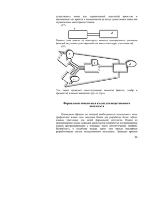 существовать иначе как ограниченный некоторой яркостью и
насыщенностью; яркость и насыщенность не могут существовать иначе как
ограниченные некоторым оттенком.
    (17)
               t
                                              d

Момент тона зависит от некоторого момента темпорального диапазона
(каждый актуально существующий тон имеет некоторую длительность).
    (18)

          t


                                l                             d




              t


Тон также проявляет конститутивные моменты (высота, тембр и
громкость), взаимно зависящие друг от друга.


      Формальные онтологии и языки для искусственного
                       интеллекта

     Очевидным образом нет никакой необходимости использовать лишь
графические языки типа диаграмм Венна для разработки более гибких
языков, пригодных для целей формальной онтологии. Одним из
принципиально иныъх подходов заключается в разработке или расширении
языков программирования с помощью чисто онтологических понятий.
Потребность в подобных языках давно уже начала ощущаться
разработчиками систем искусственного интеллекта. Приведем краткое

                                                                  26
 