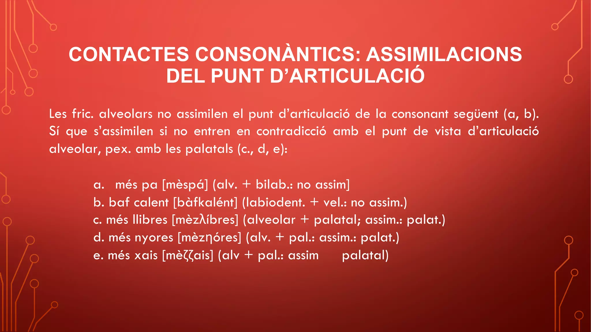 CONTACTES CONSONÀNTICS: ASSIMILACIONS
DEL PUNT D’ARTICULACIÓ
Les fric. alveolars no assimilen el punt d’articulació de la consonant següent (a, b).
Sí que s’assimilen si no entren en contradicció amb el punt de vista d’articulació
alveolar, pex. amb les palatals (c., d, e):
a. més pa [mèspá] (alv. + bilab.: no assim]
b. baf calent [bàfkalént] (labiodent. + vel.: no assim.)
c. més llibres [mèzλíbres] (alveolar + palatal; assim.: palat.)
d. més nyores [mèzηóres] (alv. + pal.: assim.: palat.)
e. més xais [mèζζais] (alv + pal.: assim palatal)
 