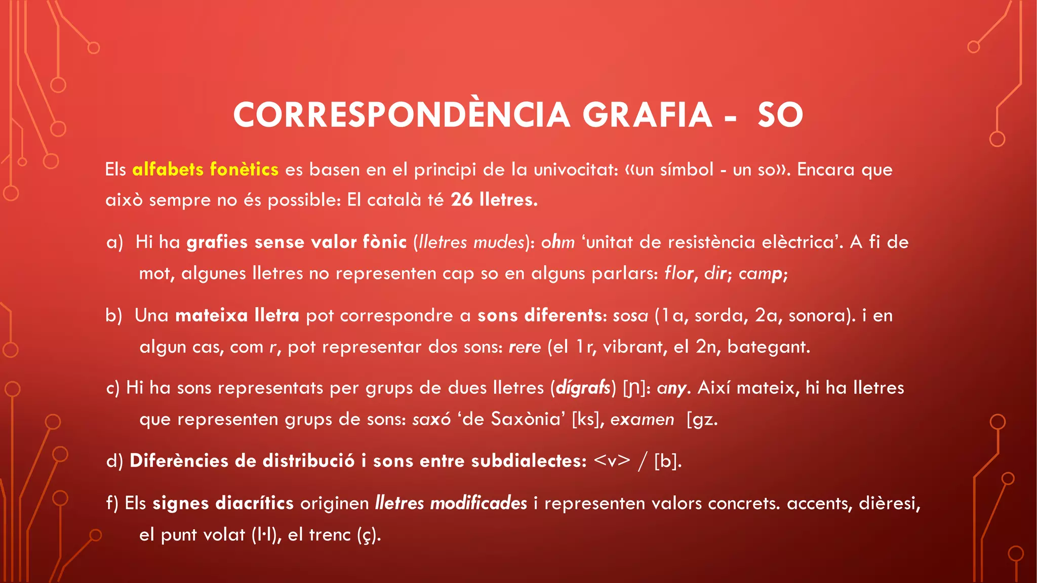 CORRESPONDÈNCIA GRAFIA - SO
Els alfabets fonètics es basen en el principi de la univocitat: «un símbol - un so». Encara que
això sempre no és possible: El català té 26 lletres.
a) Hi ha grafies sense valor fònic (lletres mudes): ohm ‘unitat de resistència elèctrica’. A fi de
mot, algunes lletres no representen cap so en alguns parlars: flor, dir; camp;
b) Una mateixa lletra pot correspondre a sons diferents: sosa (1a, sorda, 2a, sonora). i en
algun cas, com r, pot representar dos sons: rere (el 1r, vibrant, el 2n, bategant.
c) Hi ha sons representats per grups de dues lletres (dígrafs) [ɲ]: any. Així mateix, hi ha lletres
que representen grups de sons: saxó ‘de Saxònia’ [ks], examen [gz.
d) Diferències de distribució i sons entre subdialectes: <v> / [b].
f) Els signes diacrítics originen lletres modificades i representen valors concrets. accents, dièresi,
el punt volat (l·l), el trenc (ç).
 