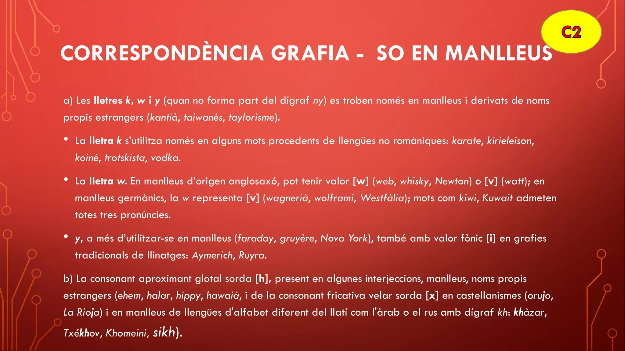 CORRESPONDÈNCIA GRAFIA - SO EN MANLLEUS
a) Les lletres k, w i y (quan no forma part del dígraf ny) es troben només en manlleus i derivats de noms
propis estrangers (kantià, taiwanès, taylorisme).
• La lletra k s’utilitza només en alguns mots procedents de llengües no romàniques: karate, kirieleison,
koiné, trotskista, vodka.
• La lletra w. En manlleus d’origen anglosaxó, pot tenir valor [w] (web, whisky, Newton) o [v] (watt); en
manlleus germànics, la w representa [v] (wagnerià, wolframi, Westfàlia); mots com kiwi, Kuwait admeten
totes tres pronúncies.
• y, a més d’utilitzar-se en manlleus (faraday, gruyère, Nova York), també amb valor fònic [i] en grafies
tradicionals de llinatges: Aymerich, Ruyra.
b) La consonant aproximant glotal sorda [h], present en algunes interjeccions, manlleus, noms propis
estrangers (ehem, halar, hippy, hawaià, i de la consonant fricativa velar sorda [x] en castellanismes (orujo,
La Rioja) i en manlleus de llengües d'alfabet diferent del llatí com l'àrab o el rus amb dígraf kh: khàzar,
Txékhov, Khomeini, sikh).
 