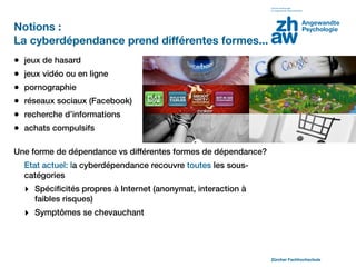 Notions :
La cyberdépendance prend différentes formes...
•   jeux de hasard
•   jeux vidéo ou en ligne
•   pornographie
•   réseaux sociaux (Facebook)
•   recherche d’informations
•   achats compulsifs

Une forme de dépendance vs différentes formes de dépendance?
    Etat actuel: la cyberdépendance recouvre toutes les sous-
    catégories
    ‣ Spéciﬁcités propres à Internet (anonymat, interaction à
      faibles risques)
    ‣ Symptômes se chevauchant



                                                                Zürcher Fachhochschule
 