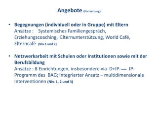 Angebote (Fortsetzung)

• Begegnungen (individuell oder in Gruppe) mit Eltern
  Ansätze : Systemisches Familiengespräch,
  Erziehungscoaching, Elternunterstützung, World Café,
  Elterncafé (Niv.1 und 2)

• Netzwerkarbeit mit Schulen oder Institutionen sowie mit der
  Berufsbildung
  Ansätze : 8 Einrichtungen, insbesondere via D+IP-  IP-
  Programm des BAG; integrierter Ansatz – multidimensionale
  Interventionen (Niv. 1, 2 und 3)
 