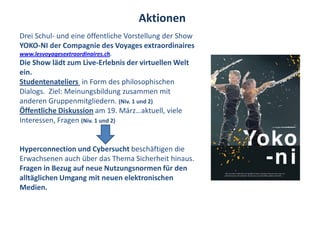 Aktionen
Drei Schul- und eine öffentliche Vorstellung der Show
YOKO-NI der Compagnie des Voyages extraordinaires
www.lesvoyagesextraordinaires.ch.
Die Show lädt zum Live-Erlebnis der virtuellen Welt
ein.
Studentenateliers in Form des philosophischen
Dialogs. Ziel: Meinungsbildung zusammen mit
anderen Gruppenmitgliedern. (Niv. 1 und 2)
Öffentliche Diskussion am 19. März…aktuell, viele
Interessen, Fragen (Niv. 1 und 2)


Hyperconnection und Cybersucht beschäftigen die
Erwachsenen auch über das Thema Sicherheit hinaus.
Fragen in Bezug auf neue Nutzungsnormen für den
alltäglichen Umgang mit neuen elektronischen
Medien.
 