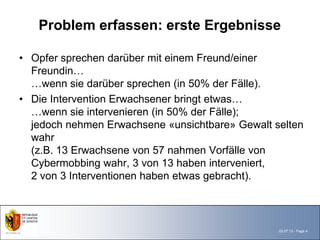 Problem erfassen: erste Ergebnisse

• Opfer sprechen darüber mit einem Freund/einer
  Freundin…
  …wenn sie darüber sprechen (in 50% der Fälle).
• Die Intervention Erwachsener bringt etwas…
  …wenn sie intervenieren (in 50% der Fälle);
  jedoch nehmen Erwachsene «unsichtbare» Gewalt selten
  wahr
  (z.B. 13 Erwachsene von 57 nahmen Vorfälle von
  Cybermobbing wahr, 3 von 13 haben interveniert,
  2 von 3 Interventionen haben etwas gebracht).



                                                 03.07.13 - Page 4
 