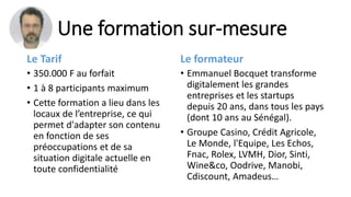 Une formation sur-mesure
Le Tarif
• 350.000 F au forfait
• 1 à 8 participants maximum
• Cette formation a lieu dans les
locaux de l’entreprise, ce qui
permet d'adapter son contenu
en fonction de ses
préoccupations et de sa
situation digitale actuelle en
toute confidentialité
Le formateur
• Emmanuel Bocquet transforme
digitalement les grandes
entreprises et les startups
depuis 20 ans, dans tous les pays
(dont 10 ans au Sénégal).
• Groupe Casino, Crédit Agricole,
Le Monde, l'Equipe, Les Echos,
Fnac, Rolex, LVMH, Dior, Sinti,
Wine&co, Oodrive, Manobi,
Cdiscount, Amadeus…
 