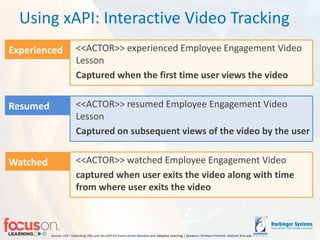 Session 103 – Extending LRSs and the xAPI for Event-driven Blended-and Adaptive Learning | Speakers: Shrikant Pattathil, Mahesh Kharade
Using xAPI: Interactive Video Tracking
Experienced <<ACTOR>> experienced Employee Engagement Video
Lesson
Captured when the first time user views the video
Resumed <<ACTOR>> resumed Employee Engagement Video
Lesson
Captured on subsequent views of the video by the user
Watched <<ACTOR>> watched Employee Engagement Video
captured when user exits the video along with time
from where user exits the video
 