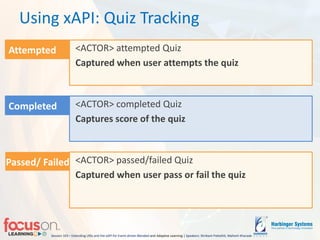 Session 103 – Extending LRSs and the xAPI for Event-driven Blended-and Adaptive Learning | Speakers: Shrikant Pattathil, Mahesh Kharade
Using xAPI: Quiz Tracking
Attempted <ACTOR> attempted Quiz
Captured when user attempts the quiz
Completed <ACTOR> completed Quiz
Captures score of the quiz
Passed/ Failed <ACTOR> passed/failed Quiz
Captured when user pass or fail the quiz
 