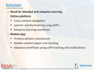 Session 103 – Extending LRSs and the xAPI for Event-driven Blended-and Adaptive Learning | Speakers: Shrikant Pattathil, Mahesh Kharade
Solution
Need for blended and adaptive learning
Online platform
 Cross content navigation
 Learner activity tracking using xAPIs
 Adaptive learning workflows
Mobile App
 Primary delivery mechanism
 Mobile content player and tracking
 Adaptive workflows using xAPI tracking and notifications
 
