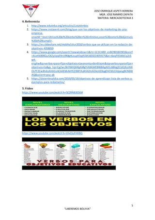 JOSE ENRRIQUE ASPETIHERRERA
MGR. JOSERAMIRO ZAPATA
MATERIA: MERCADOTECNIA 3
5
“LIBEREMOS BOLIVIA”
4. Referencia
1. http://www.eduteka.org/articulos/ListaVerbos
2. https://www.instasent.com/blog/que-son-los-objetivos-de-marketing-de-una-
empresa-
smart#:~:text=Utiliza%20el%20verbo%20en%20infinitivo,vean%20como%20objetivos
%20a%20cumplir.
3. https://es.slideshare.net/mobile/citur2010/verbos-que-se-utilizan-en-la-redaccin-de-
objetivos-4358050
4. https://www.google.com/search?newwindow=1&rlz=1C1CHBD_esBO901BO901&sxsrf
=ALeKk004GLzSXZyUaqE9nU9MgHLouphleg%3A1603214059175&ei=6xqPX5WkCq2c5
wK-
xrigAw&q=verbos+para+fijar+objetivos+taxonomia+de+bloom&oq=verbos+para+fijar+
objetivos+ta&gs_lcp=CgZwc3ktYWIQARgAMgYIABAWEB46BAgAEEc6BAgjECdQ3LoXW
OLPF2Cw4hdoAHACeACAAfsBiAHYEZIBBTAuNS42mAEAoAEBqgEHZ3dzLXdpesgBCMAB
AQ&sclient=psy-ab
5. https://docentesaldia.com/2019/05/19/objetivos-de-aprendizaje-lista-de-verbos-y-
ejemplos-para-redactarlos/
5. Video
https://www.youtube.com/watch?v=5E2RNB3IDLM
https://www.youtube.com/watch?v=tHxEbzFHXBQ
 