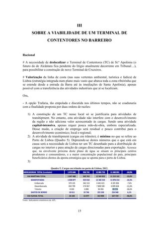 15
III
SOBRE A VIABILIDADE DE UM TERMINAL DE
CONTENTORES NO BARREIRO
Racional
# A necessidade de deslocalizar o Terminal de Contentores (TC) de St.ª Apolónia (o
futuro do de Alcântara fica pendente do litigio atualmente decorrente em Tribunal…),
para possibilitar a construção do novo Terminal de Cruzeiros.
# Valorização da linha de costa (nas suas vertentes ambiental, turística e lúdica) de
Lisboa (estratégia integrada num plano mais vasto que abarca toda a zona ribeirinha que
se estende desde a entrada da Barra até às imediações de Santa Apolónia), apenas
possível com a transferência das atividades industriais que aí se localizam.
Ora,
- A opção Trafaria, tão empolada e discutida nos últimos tempos, não se coadunaria
com a finalidade proposta por duas ordens de razões:
1) A construção de um TC nesse local só se justificaria para atividades de
transhipment. No entanto, esta atividade não interfere com o desenvolvimento
da região e não adiciona valor acrescentado às cargas. Sendo uma atividade
capital-intensiva, apenas requer pouca mão-de-obra, embora especializada.
Desse modo, a criação de emprego será residual e pouco contribui para o
desenvolvimento económico; local e regional;
2) A atividade de transhipment (cargas em trânsito), é mínima no que se refere ao
Porto de Lisboa (Quadro 5). Depreende-se destes números que o que está em
causa será a necessidade de Lisboa ter um TC desenhado para a distribuição de
cargas no interior e para atração de cargas direcionadas para exportação. Acresce
que, na envolvente próxima deste plano de água se situam os principais centros
produtores e consumidores, e a maior concentração populacional do país, principais
beneficiários diretos da aposta estratégica que se aponta para o porto de Lisboa.
3)
Quadro 5. Cargas em trânsito no porto de Lisboa, 2012.
Fonte: Indicadores estatísticos da APL.
 