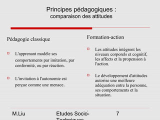 Principes pédagogiques :
                         comparaison des attitudes



Pédagogie classique                     Formation-action

                                           Les attitudes intègrent les
    L'apprenant modèle ses                 niveaux corporels et cognitif,
     comportements par imitation, par       les affects et la propension à
     conformité, ou par réaction.           l'action.



                                           Le développement d'attitudes
     L'invitation à l'autonomie est         autorise une meilleure
     perçue comme une menace.               adéquation entre la personne,
                                            ses comportements et la
                                            situation.


                                        .
    M.Liu                   Etudes Socio-               7
 