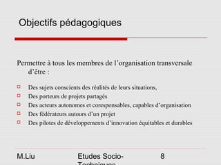 Objectifs pédagogiques



Permettre à tous les membres de l’organisation transversale
   d’être :
   Des sujets conscients des réalités de leurs situations,
   Des porteurs de projets partagés
   Des acteurs autonomes et coresponsables, capables d’organisation
   Des fédérateurs autours d’un projet
   Des pilotes de développements d’innovation équitables et durables




M.Liu                  Etudes Socio-                    8
 