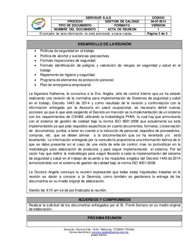 formato acta reunion de trabajo