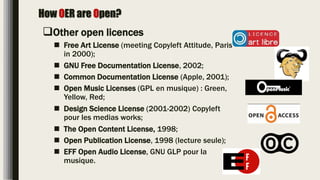 How OER are Open?
Other open licences
 Free Art License (meeting Copyleft Attitude, Paris
in 2000);
 GNU Free Documentation License, 2002;
 Common Documentation License (Apple, 2001);
 Open Music Licenses (GPL en musique) : Green,
Yellow, Red;
 Design Science License (2001-2002) Copyleft
pour les medias works;
 The Open Content License, 1998;
 Open Publication License, 1998 (lecture seule);
 EFF Open Audio License, GNU GLP pour la
musique.
 