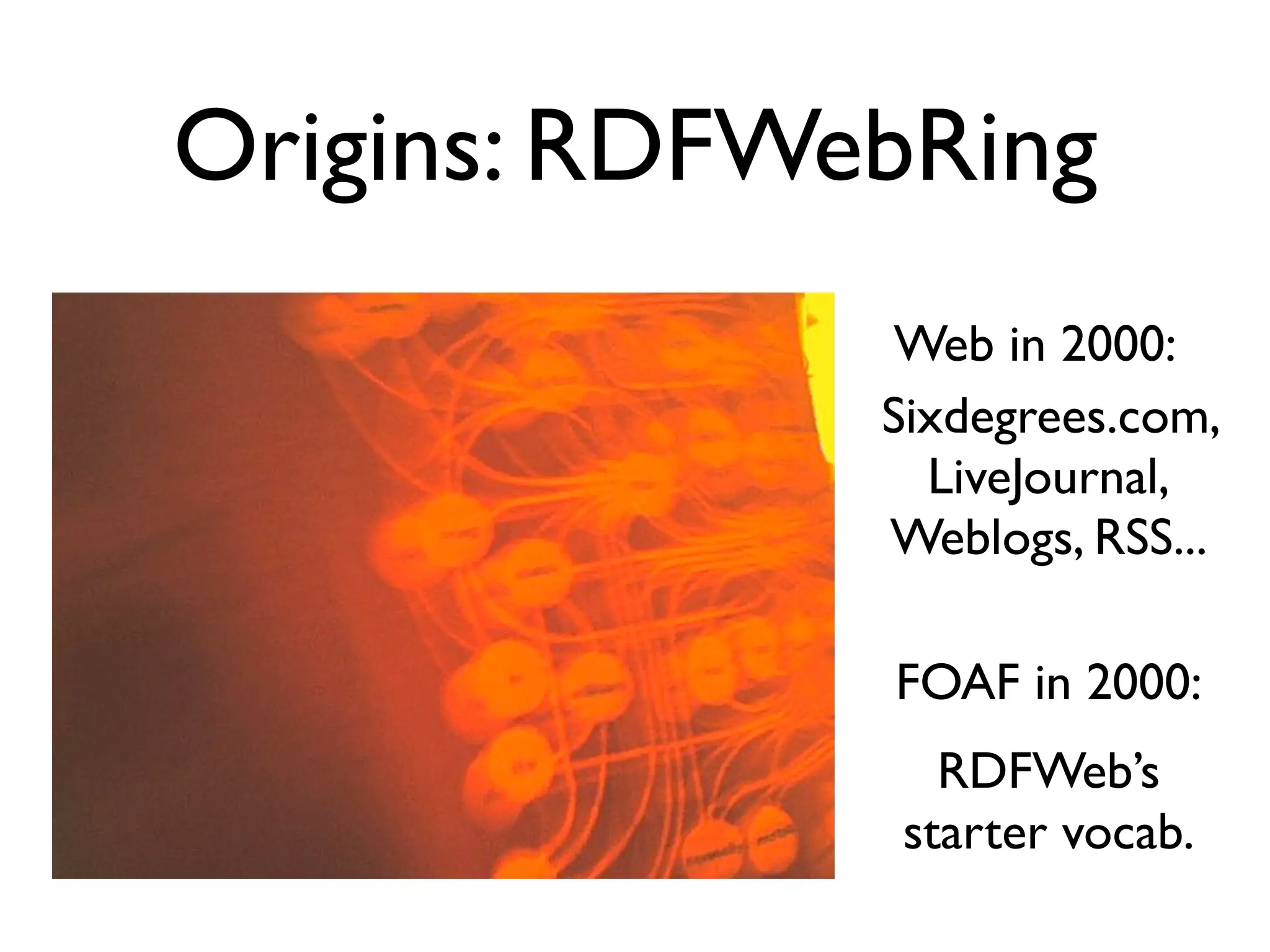 Origins: RDFWebRing
               Web in 2000:
              Sixdegrees.com,
                LiveJournal,
              Weblogs, RSS...

              FOAF in 2000:
                 RDFWeb’s
               starter vocab.
 