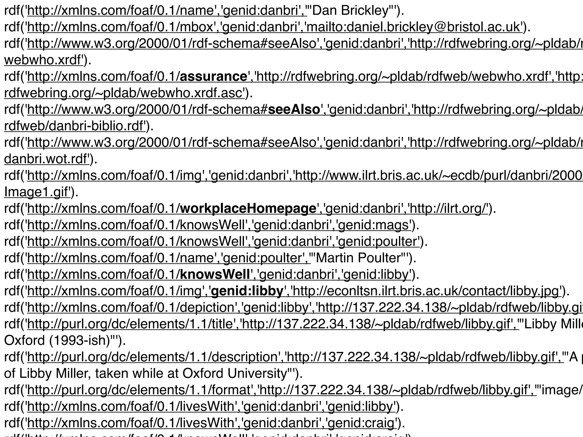rdf('http://xmlns.com/foaf/0.1/name','genid:danbri','"Dan Brickley"').
rdf('http://xmlns.com/foaf/0.1/mbox','genid:danbri','mailto:daniel.brickley@bristol.ac.uk').
rdf('http://www.w3.org/2000/01/rdf-schema#seeAlso','genid:danbri','http://rdfwebring.org/~pldab/r
webwho.xrdf').
rdf('http://xmlns.com/foaf/0.1/assurance','http://rdfwebring.org/~pldab/rdfweb/webwho.xrdf','http:
rdfwebring.org/~pldab/webwho.xrdf.asc').
rdf('http://www.w3.org/2000/01/rdf-schema#seeAlso','genid:danbri','http://rdfwebring.org/~pldab/
rdfweb/danbri-biblio.rdf').
rdf('http://www.w3.org/2000/01/rdf-schema#seeAlso','genid:danbri','http://rdfwebring.org/~pldab/r
danbri.wot.rdf').
rdf('http://xmlns.com/foaf/0.1/img','genid:danbri','http://www.ilrt.bris.ac.uk/~ecdb/purl/danbri/2000/
Image1.gif').
rdf('http://xmlns.com/foaf/0.1/workplaceHomepage','genid:danbri','http://ilrt.org/').
rdf('http://xmlns.com/foaf/0.1/knowsWell','genid:danbri','genid:mags').
rdf('http://xmlns.com/foaf/0.1/knowsWell','genid:danbri','genid:poulter').
rdf('http://xmlns.com/foaf/0.1/name','genid:poulter','"Martin Poulter"').
rdf('http://xmlns.com/foaf/0.1/knowsWell','genid:danbri','genid:libby').
rdf('http://xmlns.com/foaf/0.1/img','genid:libby','http://econltsn.ilrt.bris.ac.uk/contact/libby.jpg').
rdf('http://xmlns.com/foaf/0.1/depiction','genid:libby','http://137.222.34.138/~pldab/rdfweb/libby.gif
rdf('http://purl.org/dc/elements/1.1/title','http://137.222.34.138/~pldab/rdfweb/libby.gif','"Libby Mille
Oxford (1993-ish)"').
rdf('http://purl.org/dc/elements/1.1/description','http://137.222.34.138/~pldab/rdfweb/libby.gif','"A p
of Libby Miller, taken while at Oxford University"').
rdf('http://purl.org/dc/elements/1.1/format','http://137.222.34.138/~pldab/rdfweb/libby.gif','"image/g
rdf('http://xmlns.com/foaf/0.1/livesWith','genid:danbri','genid:libby').
rdf('http://xmlns.com/foaf/0.1/livesWith','genid:danbri','genid:craig').
 
