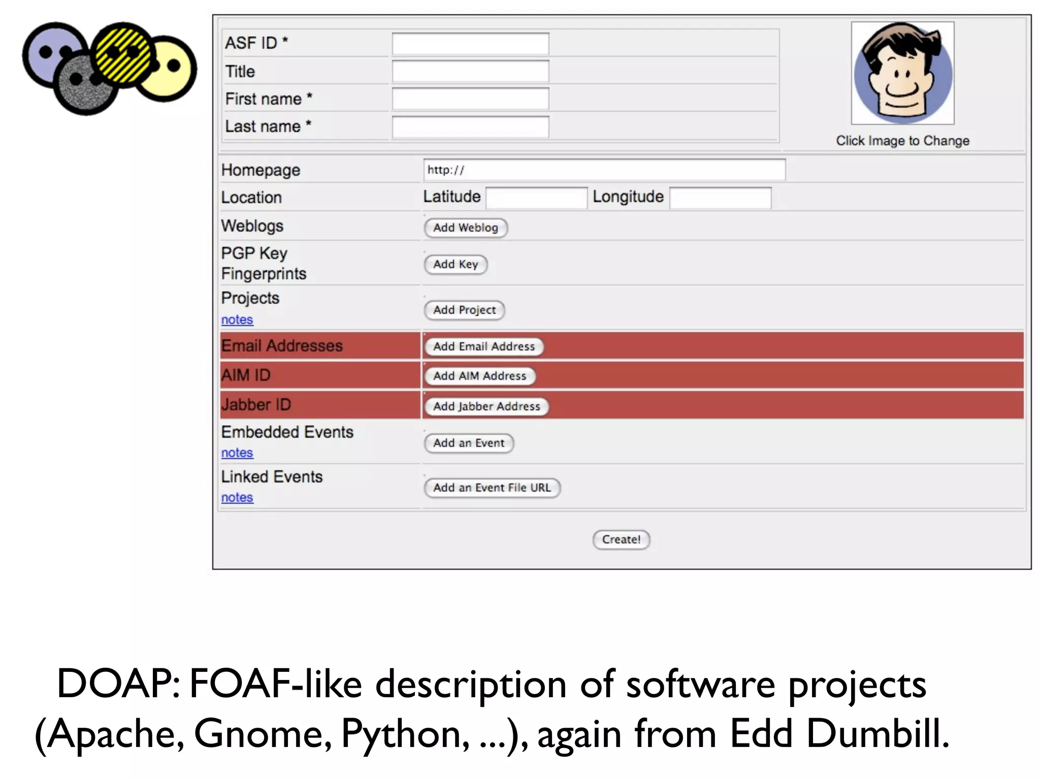 DOAP: FOAF-like description of software projects
(Apache, Gnome, Python, ...), again from Edd Dumbill.
 