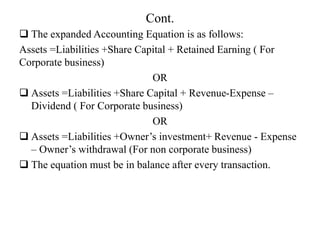 Cont.
 The expanded Accounting Equation is as follows:
Assets =Liabilities +Share Capital + Retained Earning ( For
Corporate business)
OR
 Assets =Liabilities +Share Capital + Revenue-Expense –
Dividend ( For Corporate business)
OR
 Assets =Liabilities +Owner’s investment+ Revenue - Expense
– Owner’s withdrawal (For non corporate business)
 The equation must be in balance after every transaction.
 