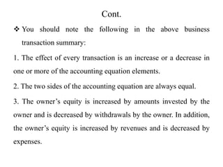 Cont.
 You should note the following in the above business
transaction summary:
1. The effect of every transaction is an increase or a decrease in
one or more of the accounting equation elements.
2. The two sides of the accounting equation are always equal.
3. The owner’s equity is increased by amounts invested by the
owner and is decreased by withdrawals by the owner. In addition,
the owner’s equity is increased by revenues and is decreased by
expenses.
 