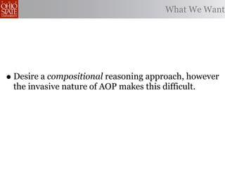 What We Want




• Desire a compositional reasoning approach, however
 the invasive nature of AOP makes this difficult.
 
