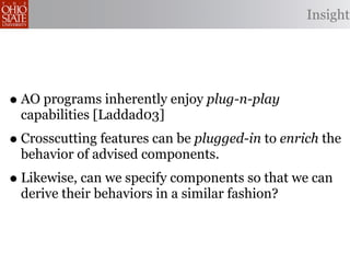 Insight




• AO programs inherently enjoy plug-n-play
 capabilities [Laddad03]
• Crosscutting features can be plugged-in to enrich the
 behavior of advised components.
• Likewise, can we specify components so that we can
 derive their behaviors in a similar fashion?
 
