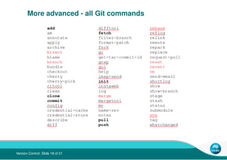 More advanced - all Git commands




Version Control: Slide 18 of 21
 
