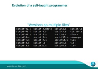 Evolution of a self-taught programmer




                                 “Versions as multiple ﬁles”




Version Control...