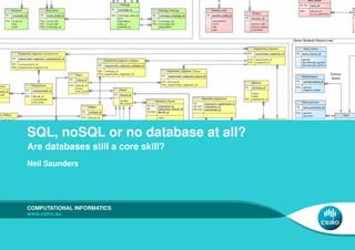 SQL, noSQL or no database at all?
Are databases still a core skill?
Neil Saunders
COMPUTATIONAL INFORMATICS
www.csiro.au
 