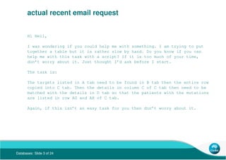 Databases: Slide 3 of 24
actual recent email request
Hi Neil,
I was wondering if you could help me with something. I am tr...