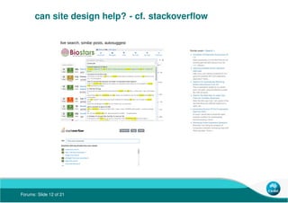 Forums: Slide 12 of 21
can site design help? - cf. stackoverﬂow
live search, similar posts, autosuggest
 