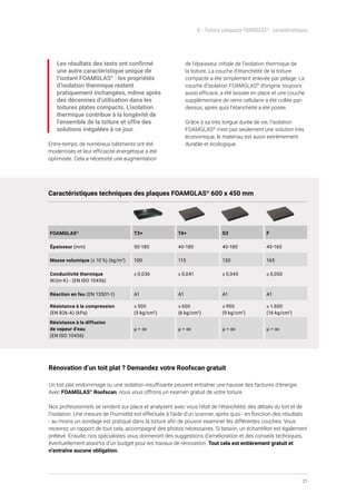21
6 - Toiture compacte FOAMGLAS®
- caractéristiques
Les résultats des tests ont confirmé
une autre caractéristique unique de
l’isolant FOAMGLAS®
: les propriétés
d’isolation thermique restent
pratiquement inchangées, même après
des décennies d’utilisation dans les
toitures plates compacts. L’isolation
thermique contribue à la longévité de
l’ensemble de la toiture et offre des
solutions inégalées à ce jour.
Entre-temps, de nombreux bâtiments ont été
modernisés et leur efficacité énergétique a été
optimisée. Cela a nécessité une augmentation
de l’épaisseur initiale de l’isolation thermique de
la toiture. La couche d’étanchéité de la toiture
compacte a été simplement enlevée par pelage. La
couche d’isolation FOAMGLAS®
d’origine, toujours
aussi efficace, a été laissée en place et une couche
supplémentaire de verre cellulaire a été collée par-
dessus, après quoi l’étanchéité a été posée.
Grâce à sa très longue durée de vie, l’isolation
FOAMGLAS®
n’est pas seulement une solution très
économique, le matériau est aussi extrêmement
durable et écologique.
Caractéristiques techniques des plaques FOAMGLAS®
600 x 450 mm
FOAMGLAS®
T3+ T4+ S3 F
Épaisseur (mm) 50-180 40-180 40-180 40-160
Masse volumique (± 10 %) (kg/m3
) 100 115 130 165
Conductivité thermique
W/(m·K) - (EN ISO 10456)
≤ 0,036 ≤ 0,041 ≤ 0,045 ≤ 0,050
Réaction en feu (EN 13501-1) A1 A1 A1 A1
Résistance à la compression
(EN 826-A) (kPa)
≥ 500
(5 kg/cm2
)
≥ 600
(6 kg/cm2
)
≥ 900
(9 kg/cm2
)
≥ 1.600
(16 kg/cm2
)
Résistance à la diffusion
de vapeur d’eau
(EN ISO 10456)
μ = ∞ μ = ∞ μ = ∞ μ = ∞
Rénovation d’un toit plat ? Demandez votre Roofscan gratuit
Un toit plat endommagé ou une isolation insuffisante peuvent entraîner une hausse des factures d’énergie.
Avec FOAMGLAS®
Roofscan, nous vous offrons un examen gratuit de votre toiture.
Nos professionnels se rendent sur place et analysent avec vous l’état de l’étanchéité, des détails du toit et de
l’isolation. Une mesure de l’humidité est effectuée à l’aide d’un scanner, après quoi - en fonction des résultats
- au moins un sondage est pratiqué dans la toiture afin de pouvoir examiner les différentes couches. Vous
recevrez un rapport de tout cela, accompagné des photos nécessaires. Si besoin, un échantillon est également
prélevé. Ensuite, nos spécialistes vous donneront des suggestions d’amélioration et des conseils techniques,
éventuellement assortis d’un budget pour les travaux de rénovation. Tout cela est entièrement gratuit et
n’entraîne aucune obligation.
 