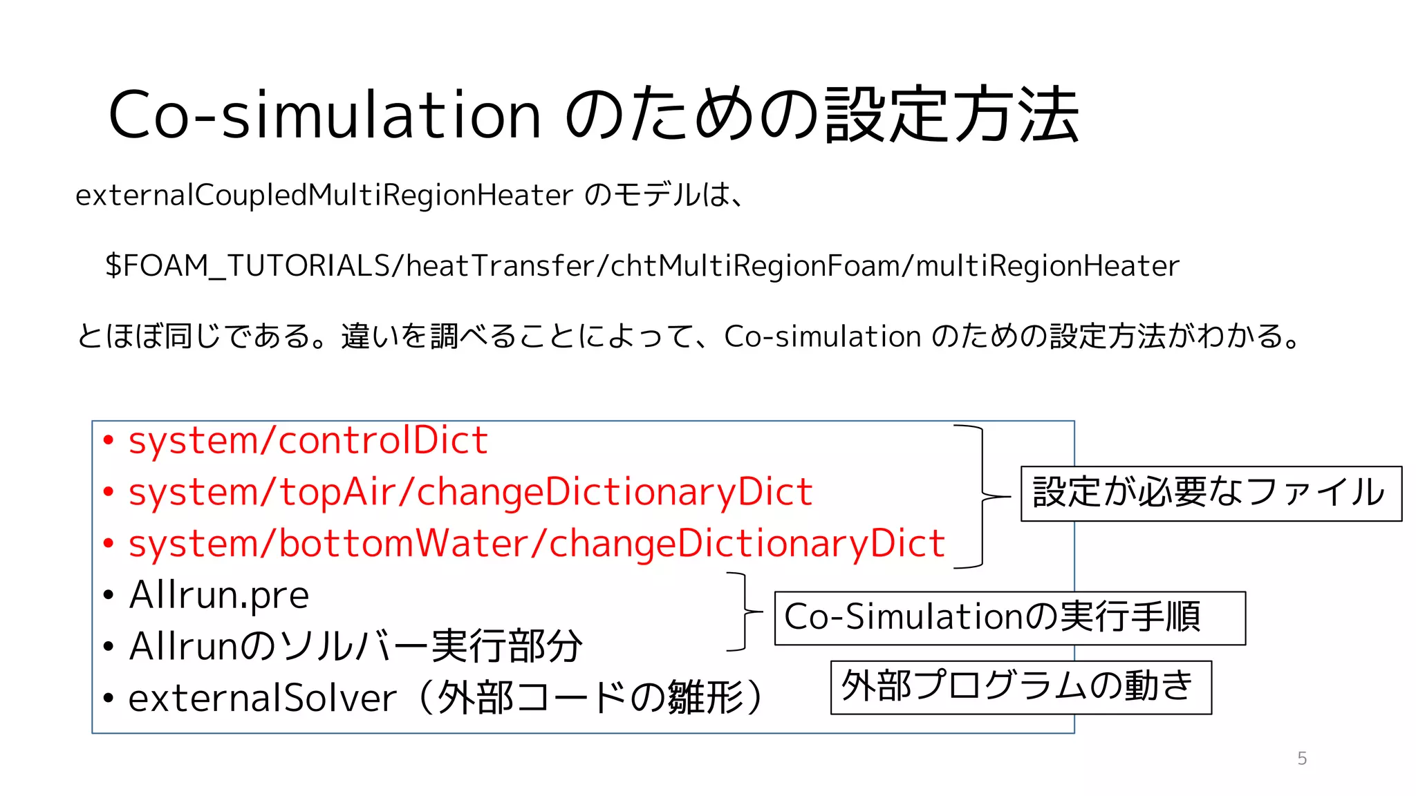 Co-simulation のための設定方法
• system/controlDict
• system/topAir/changeDictionaryDict
• system/bottomWater/changeDictionaryDict
• Allrun.pre
• Allrunのソルバー実行部分
• externalSolver（外部コードの雛形）
externalCoupledMultiRegionHeater のモデルは、
$FOAM_TUTORIALS/heatTransfer/chtMultiRegionFoam/multiRegionHeater
とほぼ同じである。違いを調べることによって、Co-simulation のための設定方法がわかる。
設定が必要なファイル
5
Co-Simulationの実行手順
外部プログラムの動き
 